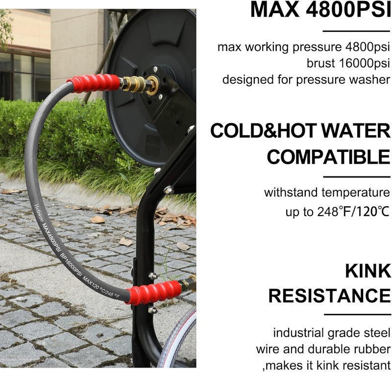 Heliwoo Pressure Washer Whip Hose 5FT, 3/8'' Reel Connector for Power Washer, 248°F Hot Water Jumper with 3/8'' Quick Connect Adapter Set, Steel-Braided-4800 PSI - Image 2